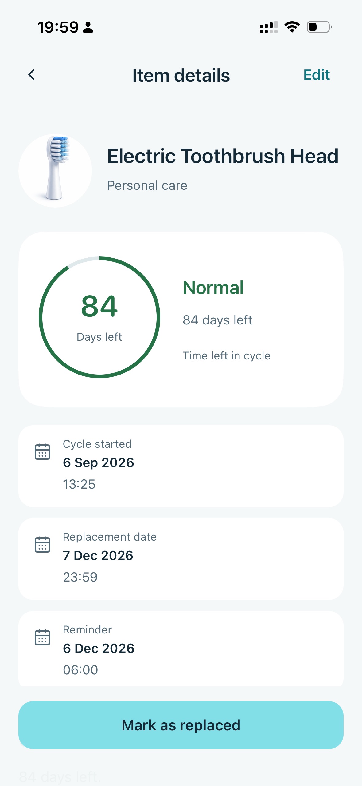 Altina item details showing 84 days remaining, cycle dates, and a replacement reminder