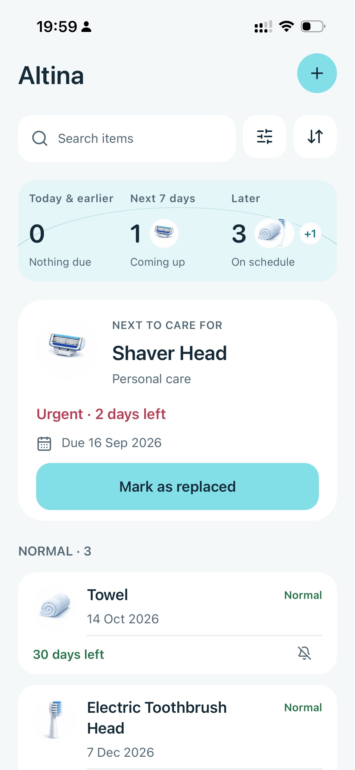 Altina home screen showing upcoming replacements and the next item to care for