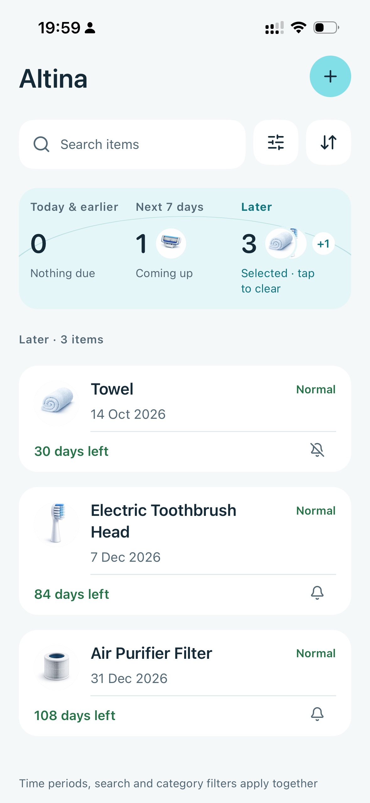 Altina items filtered to later replacements, with remaining days and reminder status